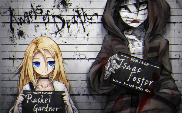HD desktop wallpaper featuring Rachel Gardner and Zack (Isaac Foster) from the anime Angels of Death (Satsuriku no Tenshi). Both characters hold name placards against a grungy, lined background.