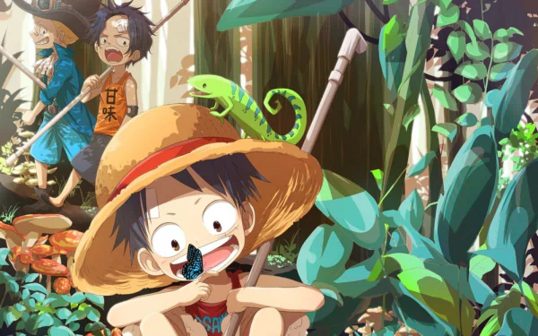 HD desktop wallpaper featuring Sabo from One Piece in a lush forest setting, with vibrant foliage and a chameleon on a branch, capturing the adventurous spirit of the anime.
