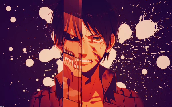 HD wallpaper featuring Eren Yeager from Attack on Titan anime, showcasing a split-face design with human and Titan forms against a dynamic background.