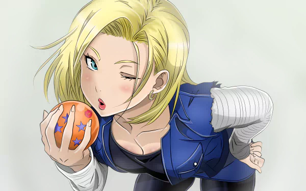 HD desktop wallpaper featuring Android 18 from Dragon Ball Z. The anime character holds a Dragon Ball, winking and posing confidently.