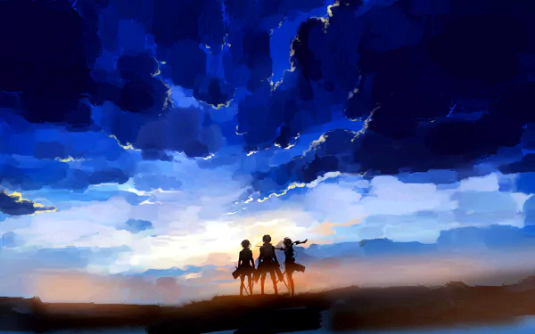 HD desktop wallpaper featuring anime characters Armin Arlert, Eren Yeager, and Mikasa Ackerman from Attack on Titan, standing against a dramatic, colorful sky at dawn or dusk.