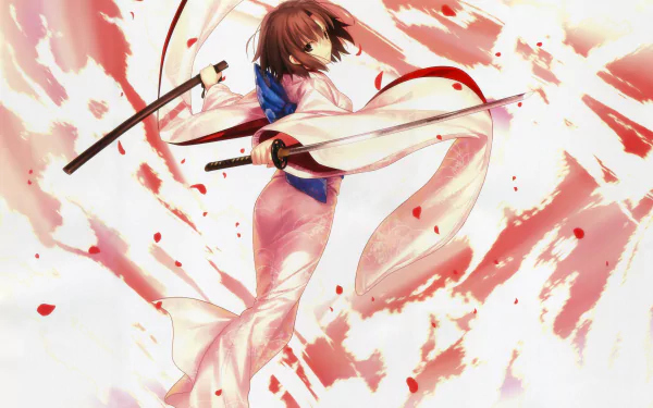 HD desktop wallpaper of Shiki Ryougi from the anime Kara no Kyōkai, featuring her in a dynamic pose with a flowing kimono and a sword. The background is accentuated with red and white splashes.