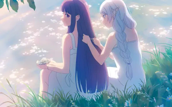 2K Quad HD anime wallpaper from Frieren: Beyond Journey's End — Frieren gently braiding Fern's long dark hair as they sit by a sunlit, sparkling riverside with soft pastel light.