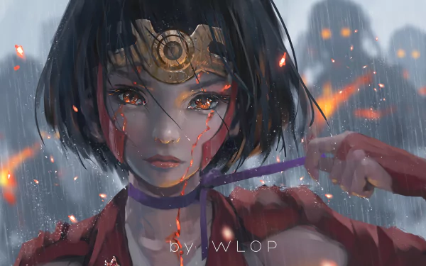 Anime character Mumei from Koutetsujou no Kabaneri stands with tears in her orange eyes, wet from rain, her short black hair disheveled in a scene full of sadness. HD wallpaper background.