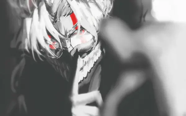 4K Ultra HD anime wallpaper featuring a dark, intense portrait from Dandadan with highlighted red accents, embodying a mysterious and striking atmosphere.