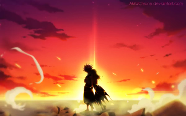 HD desktop wallpaper featuring anime characters Natsu Dragneel and Lucy Heartfilia from Fairy Tail, tagged with NaLu. The image shows a dramatic sunset backdrop with vibrant colors and silhouettes.