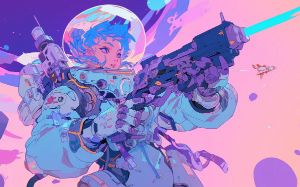 An anime girl space pirate wields a futuristic weapon in vibrant colors, set against a cosmic backdrop. This HD wallpaper captures a bold and adventurous spirit.
