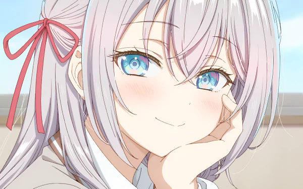 Close-up anime portrait of Alisa Mikhailovna Kujou from Alya Sometimes Hides Her Feelings, featuring soft colors and detailed blue eyes in 4K Ultra HD resolution.