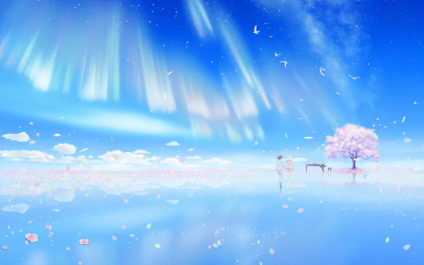 HD desktop wallpaper featuring Kaori Miyazono and Kousei Arima from the anime Your Lie in April, set against a serene blue sky with auroras, cherry blossoms, and reflective water.