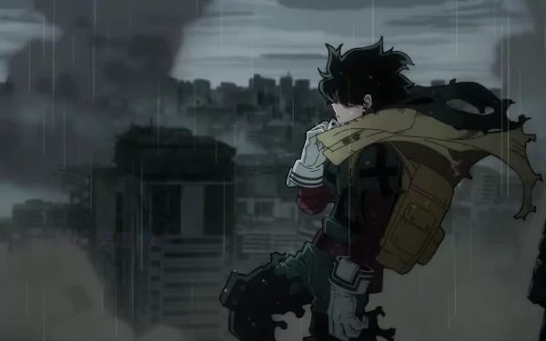 HD desktop wallpaper of Izuku Midoriya from My Hero Academia, standing in the rain with a cityscape background. The scene captures a dramatic and reflective mood with dark clouds overhead.
