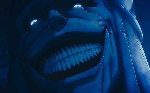 HD PC desktop wallpaper featuring a dark, eerie close-up of the Statue of God from the anime Solo Leveling, highlighting its wide grin and glowing eyes.
