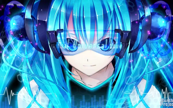 Anime character Hatsune Miku with twintails and aqua eyes, wearing glasses and headphones, set against a Final Universal Love themed HD desktop wallpaper background.