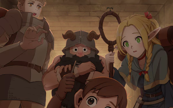 4K Ultra HD wallpaper featuring characters from the anime Delicious in Dungeon, showcasing a group in detailed, vibrant fantasy attire inside a dimly lit dungeon.