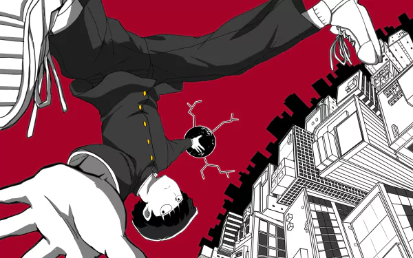 Shigeo Kageyama from Mob Psycho 100 is depicted in dynamic black and white against a red sky, with city buildings below in this 8K Ultra HD anime desktop wallpaper.