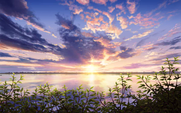 HD anime landscape wallpaper depicting a serene lake with a vibrant sunset. The sky is adorned with dramatic clouds, creating a picturesque scene. Foreground features silhouetted plants along the lake's edge.