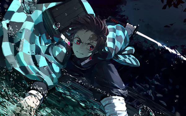 Tanjiro Kamado from Demon Slayer: Kimetsu no Yaiba in action with a sword, set in a dark, dynamic scene. HD quality anime desktop wallpaper.