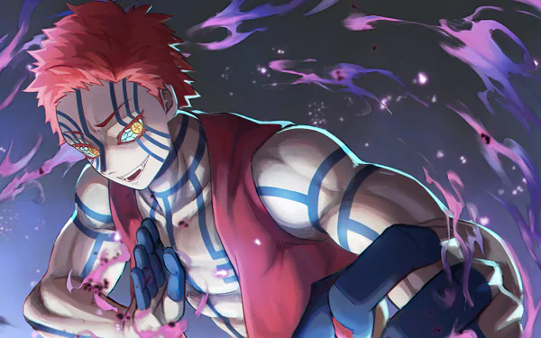 4K Ultra HD PC desktop wallpaper featuring Akaza from Demon Slayer: Kimetsu no Yaiba, showcasing vibrant anime-style artwork with dynamic purple and blue energy effects.
