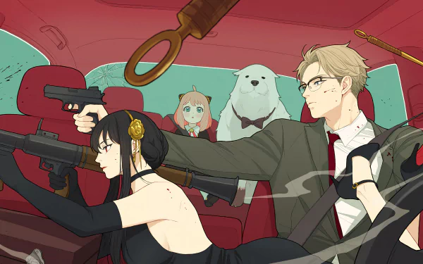 Anime-style Spy x Family characters in action pose inside a car, featuring 4K Ultra HD PC desktop wallpaper and background quality.