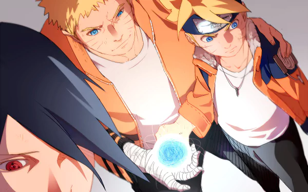 HD wallpaper featuring Naruto Uzumaki, Sasuke Uchiha, and Boruto Uzumaki from the anime series Boruto. Naruto holds a glowing Rasengan with Sasuke and Boruto standing beside him.