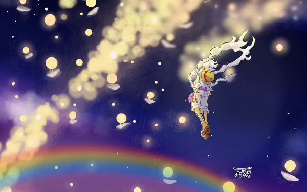 HD anime wallpaper featuring Monkey D. Luffy in Gear 5 from One Piece, soaring through a starry sky with glowing orbs and a vibrant rainbow below.