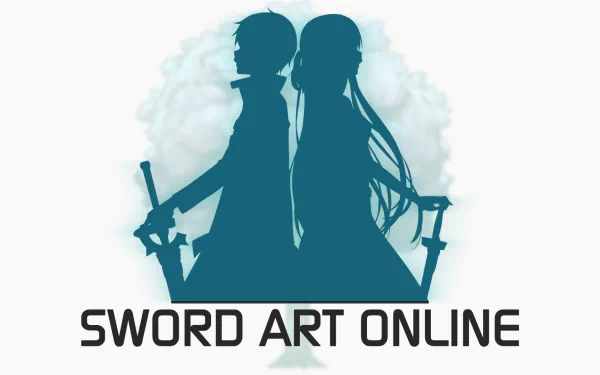 HD desktop wallpaper featuring silhouette profiles of Kirito and Asuna from Sword Art Online against a cloud and logo backdrop.