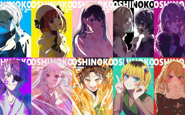 4K Ultra HD PC desktop wallpaper featuring vibrant anime characters from Oshi no Ko, showcasing diverse expressions and colorful backgrounds in a stylish collage.