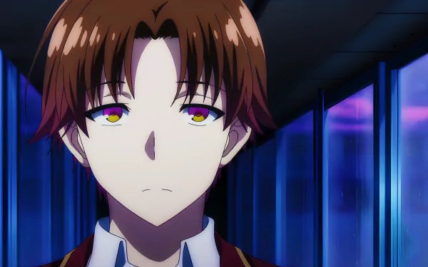 Kiyotaka Ayanokōji from Classroom of the Elite shown in a high-resolution 4K Ultra HD anime-style wallpaper with a blue and purple-lit background.