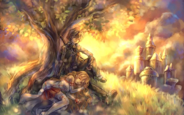 Anime couple Kirito and Asuna from Sword Art Online resting under a tree with a dreamy, colorful backdrop of a distant castle. The vibrant, serene setting makes it a stunning HD desktop wallpaper.