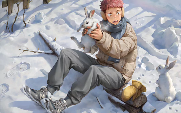 HD desktop wallpaper featuring Yuji Itadori from Jujutsu Kaisen, sitting in the snow and holding a white rabbit, surrounded by other rabbits.