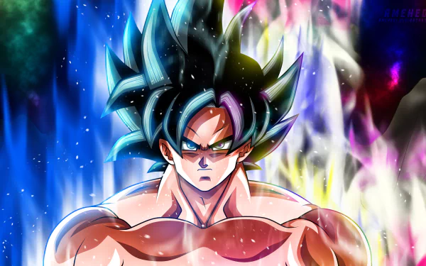 HD desktop wallpaper featuring Goku from Dragon Ball Super, showcasing his intense, focused expression and vibrant, glowing aura against a dynamic background.