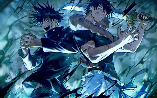 Toji Fushiguro and Megumi Fushiguro from Jujutsu Kaisen pose back-to-back in a dynamic 4K Ultra HD anime wallpaper with intense blue tones.
