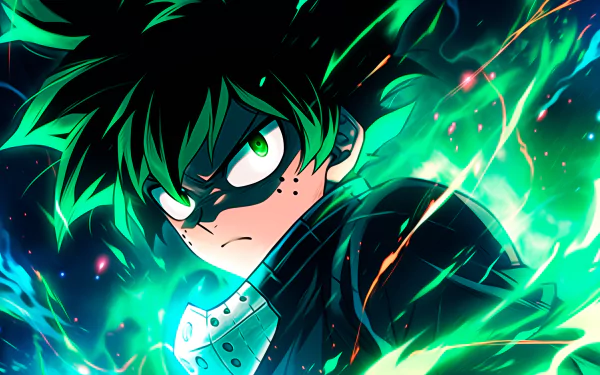 High-definition wallpaper featuring Izuku Midoriya from My Hero Academia, showcasing a dynamic pose surrounded by green and blue energy effects.