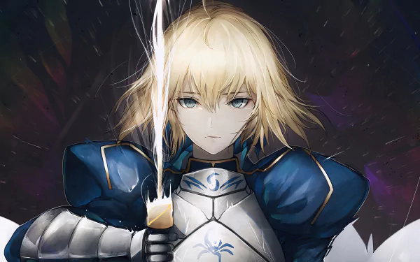 HD wallpaper featuring Saber from the Fate Series, showcasing her in armor with a sword, capturing the essence of Fate/Stay Night's vibrant anime style.