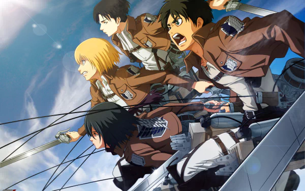 HD desktop wallpaper featuring Levi Ackerman, Armin Arlert, Mikasa Ackerman, and Eren Yeager from Attack on Titan, in dynamic poses with their 3D maneuver gear.