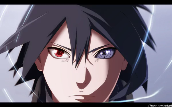 HD desktop wallpaper of Sasuke Uchiha from Naruto, featuring his Rinnegan and Sharingan eyes, in a dramatic close-up.