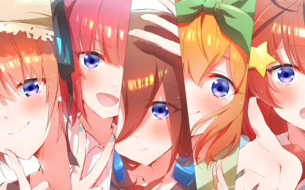 A colorful 4K Ultra HD wallpaper featuring the quintuplets Ichika, Nino, Miku, Yotsuba, and Itsuki Nakano from the anime The Quintessential Quintuplets.