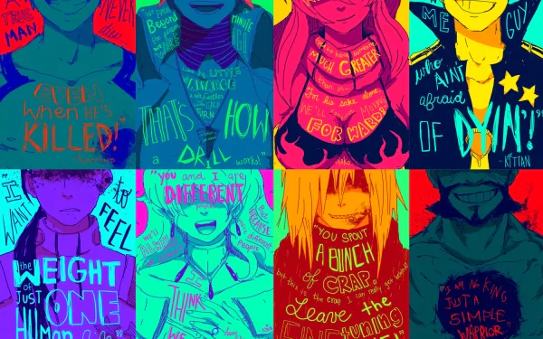 HD desktop wallpaper featuring colorful, stylized characters from the anime Tengen Toppa Gurren Lagann with motivational quotes integrated into the design.
