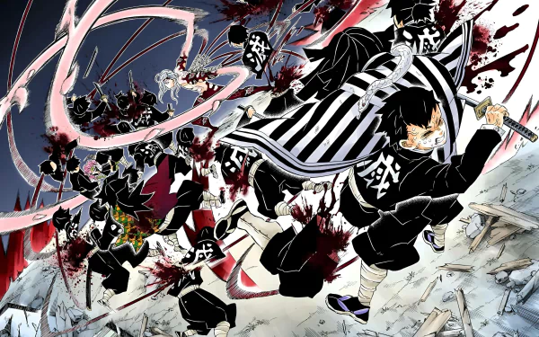 HD PC desktop wallpaper featuring dynamic characters from the anime Demon Slayer: Kimetsu no Yaiba in an intense battle scene with vibrant action effects.