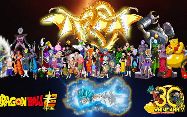 HD desktop wallpaper featuring a dynamic collage of characters from Dragon Ball Super, with a golden dragon and vibrant background, celebrating the 30th anime anniversary. The Dragon Ball Super logo is visible.