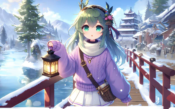 A cute anime girl with green hair, dressed in winter clothes, holds a lantern on a snowy bridge with a traditional building and snowy landscape in the background, 4K Ultra HD wallpaper.
