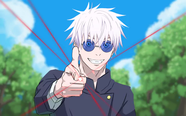 Satoru Gojo from Jujutsu Kaisen depicted in vibrant 4K Ultra HD anime style, smiling confidently with signature white hair and blue-tinted glasses against a bright sky background.