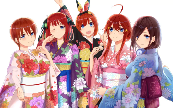 This HD wallpaper features the five Nakano sisters, Yotsuba, Itsuki, Nino, Miku, and Ichika, from the anime The Quintessential Quintuplets, all dressed in colorful kimonos.