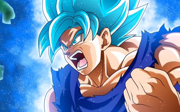 HD desktop wallpaper featuring Goku from Dragon Ball Super in an intense moment, displaying his blue Super Saiyan form with a dynamic background of blue and white energy.