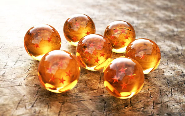 HD desktop wallpaper featuring the seven Dragon Balls from Dragon Ball Z, glowing with orange light and red stars, placed on a rustic wooden surface.