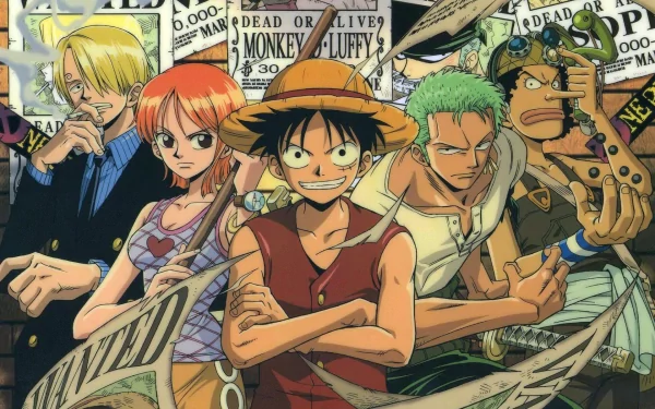 A vibrant HD desktop wallpaper featuring key characters from the anime One Piece, including Monkey D. Luffy and his crew, surrounded by wanted posters and an adventurous atmosphere.