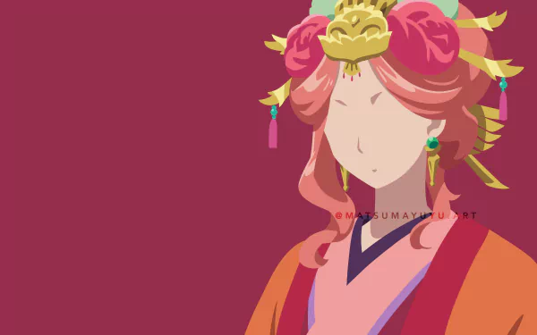 Anime-style 8K Ultra HD desktop wallpaper featuring a faceless character from The Apothecary Diaries with intricate pink and gold hair accessories on a maroon background.