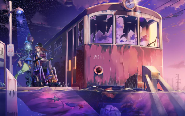 An anime-inspired HD desktop wallpaper featuring a lamp post, a person in a wheelchair, and a fish with a train in the background amidst a surreal underwater scene.