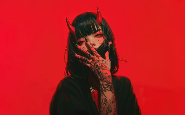 8K Ultra HD anime girl wallpaper featuring a dark-haired character with red horns and intricate tattoos, set against a vivid red background.