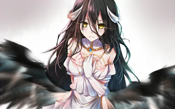 HD desktop wallpaper featuring Albedo from the anime Overlord, showcasing her with long black hair, adorned with her signature white horns and a serene expression.