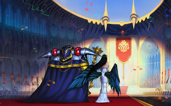 HD desktop wallpaper of anime characters Albedo and Ainz Ooal Gown from Overlord, set in a grandiose hall with elaborate decorations and a regal atmosphere.